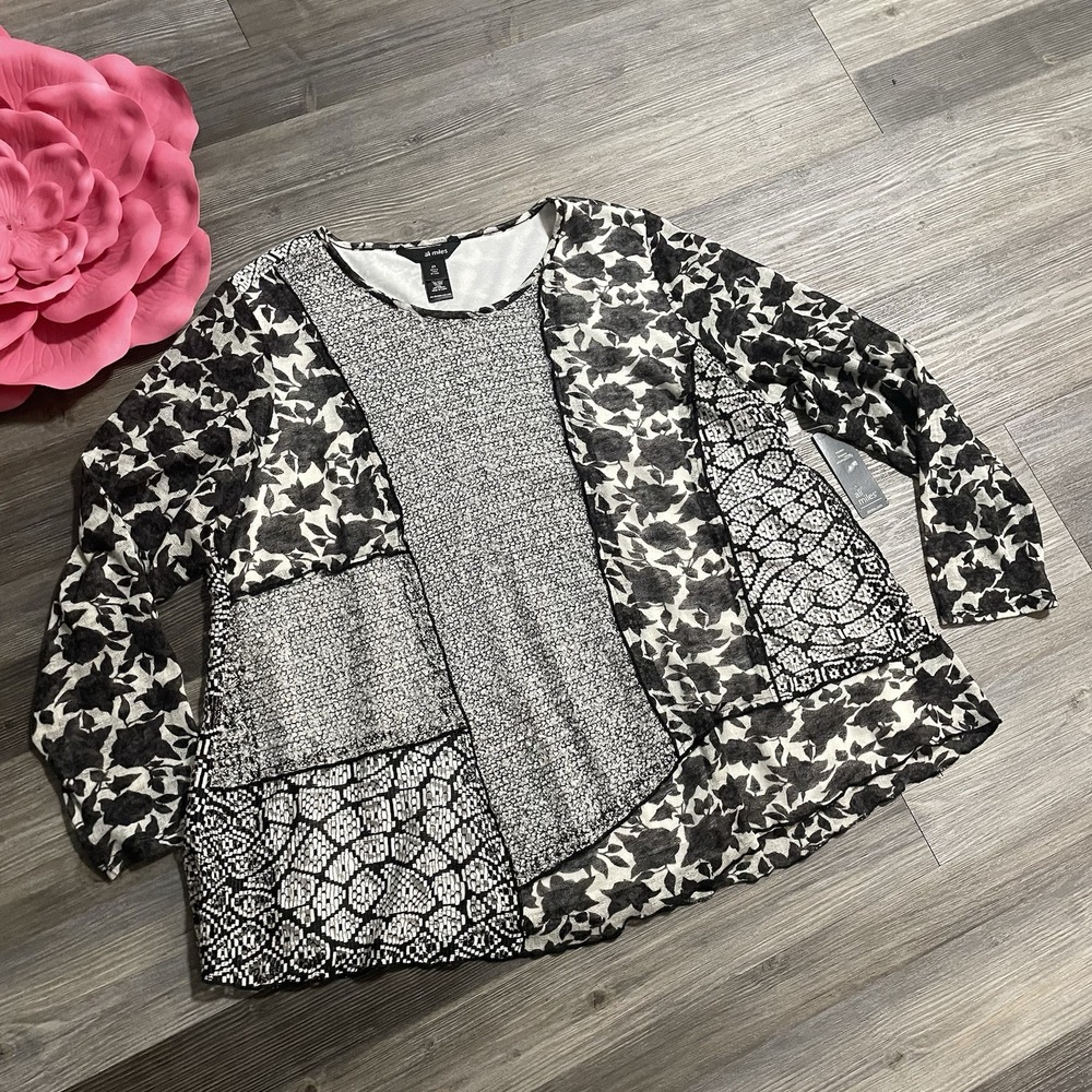 NWT‎ ALI MILES Tunic Top Sz 2X Black White Knit Patchwork Art to Wear Lagenlook